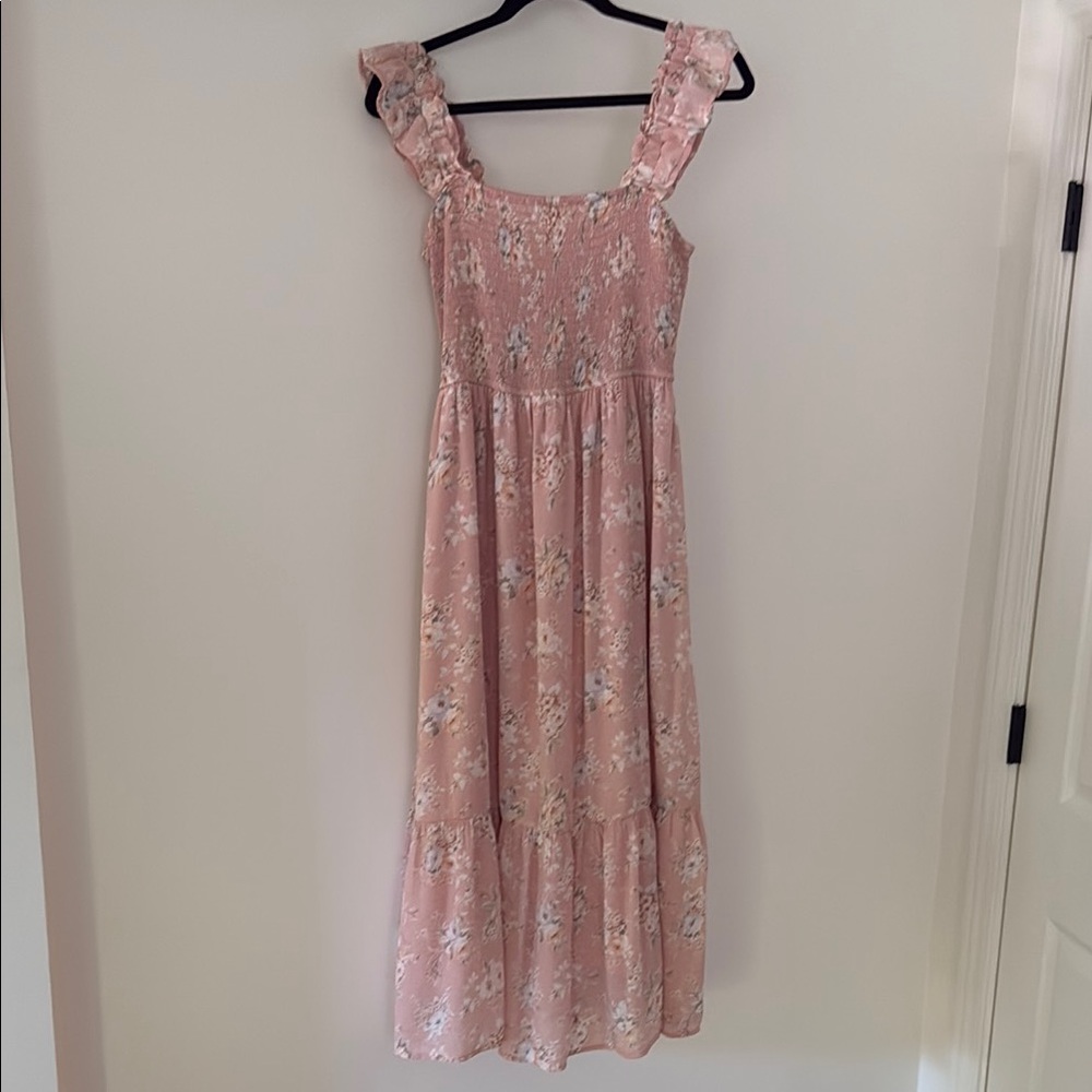 August Sky Smocked Floral Light Pink Midi Dress with Ruffle Sleeves